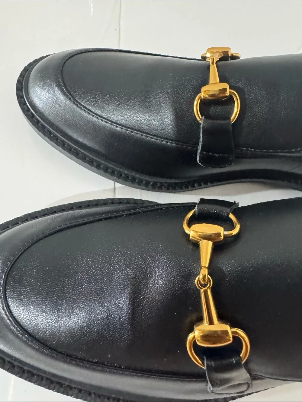 Black Leather Women's Loafers with Gold Bit Accent Size 7.5